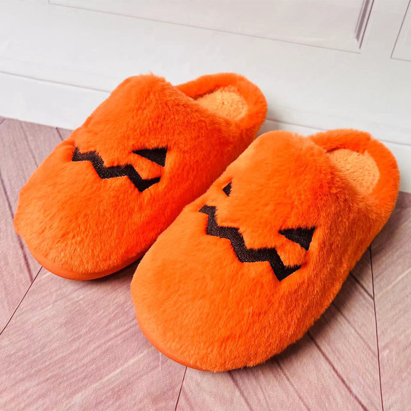 Cute Halloween Pumpkin Slippers Winter Warm Plush Bedroom Floor Home Slippers Casual Slip On Comfortable Cozy Indoor House Shoes