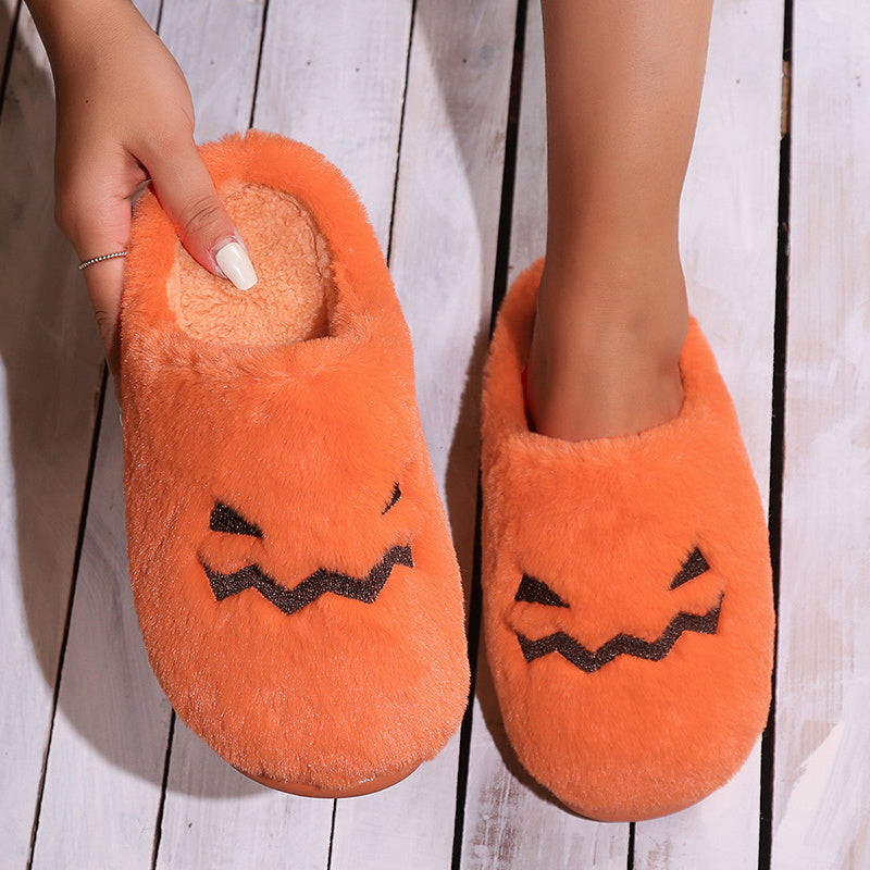 Cute Halloween Pumpkin Slippers Winter Warm Plush Bedroom Floor Home Slippers Casual Slip On Comfortable Cozy Indoor House Shoes