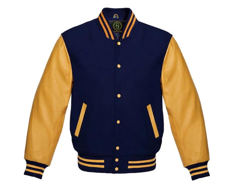 Men's Varsity Jacket Letterman Baseball Bomber Style Navy Blue Wool Blend & Gold Genuine Cowhide Leather Sleeves