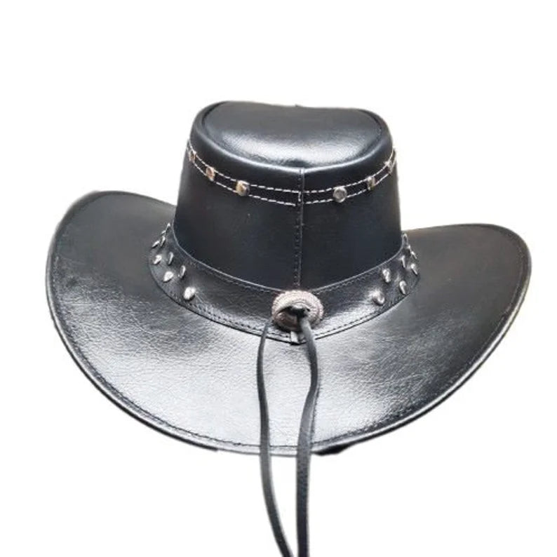 Hand Made Leather Black Cowboy Hat Black Beads Style Craft Work Unisex Hat Western Hat