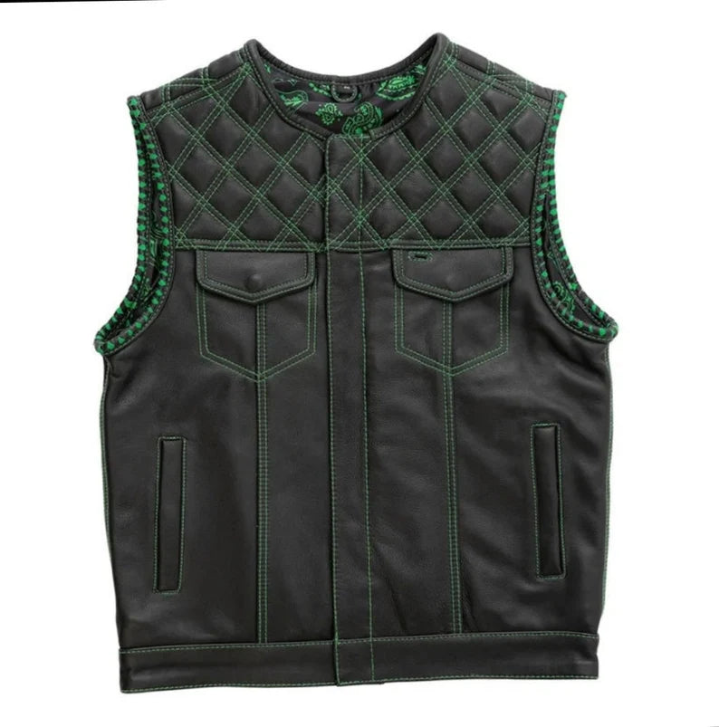 Leather Vest ,Men Hunt Club Leather Vest Green Diamond Quilted Black Paisley Leather Builder Denim Style Rider Motorcycle Leather Bike Vest