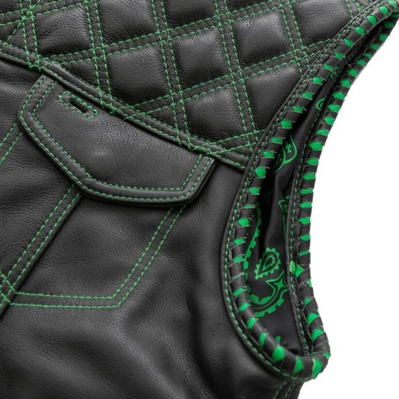 Leather Vest ,Men Hunt Club Leather Vest Green Diamond Quilted Black Paisley Leather Builder Denim Style Rider Motorcycle Leather Bike Vest