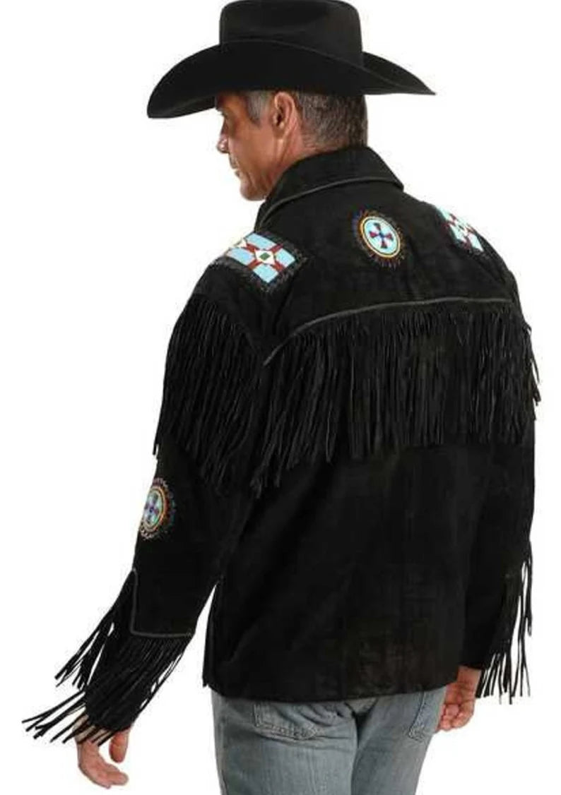 Black Suede Handmade Braided Beads Crafted Men's Western Jacket - Black Leather Men Jacket Cowboy Leather Jacket