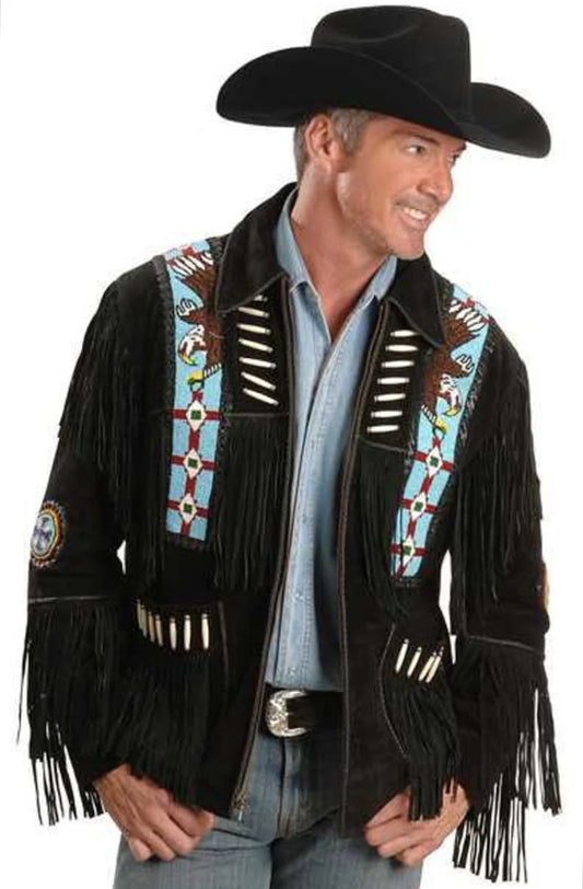 Black Suede Handmade Braided Beads Crafted Men's Western Jacket - Black Leather Men Jacket Cowboy Leather Jacket