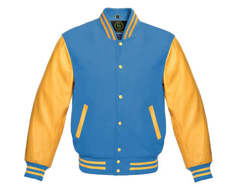 Men's Varsity Jacket Letterman Baseball Bomber Style Columbia Blue Wool Blend & Gold Genuine Cowhide Leather Sleeves