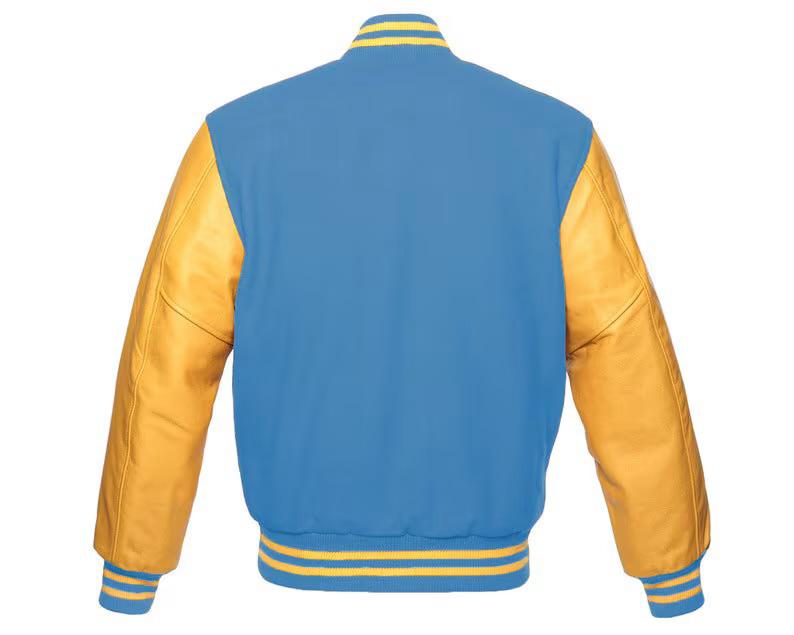 Men's Varsity Jacket Letterman Baseball Bomber Style Columbia Blue Wool Blend & Gold Genuine Cowhide Leather Sleeves