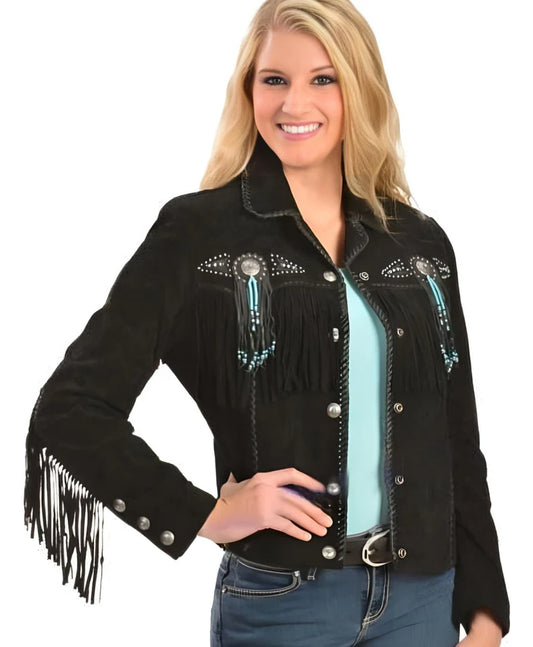 Women's Jacket, Fringe Western Vintage Jacket Ladies Leather Jacket, Genuine Suede Leather