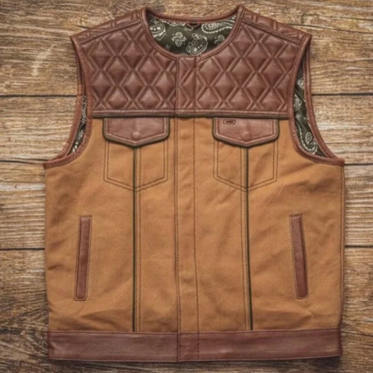 Leather Vest Hunt Club Style Brown Leather Denim Vest Builder Diamond Quilted Motorcycle Biker Vest Stinger Men Leather