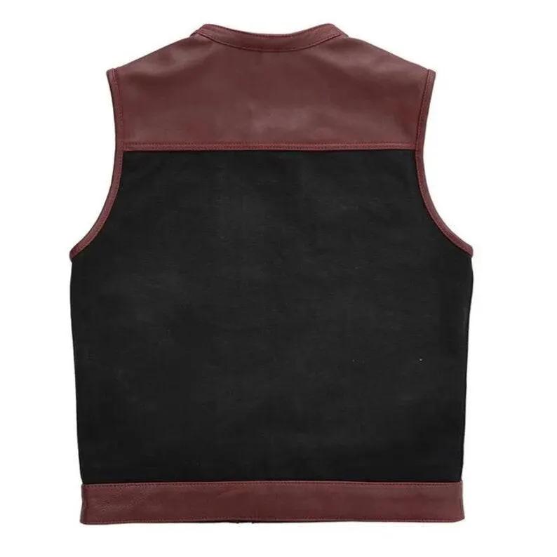 Leather Vest Hunt Club Style Red Leather Denim Vest Builder Motorcycle Biker Vest Black Paisley Stinger Men Leather Vest