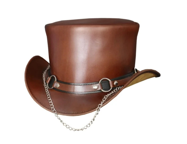 Handmade Top Hat Steampunk Brown Leather Top Hat Chain Style Dickens Hat Biker Rider Gothic Style Top Hat