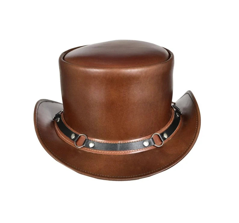 Handmade Top Hat Steampunk Brown Leather Top Hat Chain Style Dickens Hat Biker Rider Gothic Style Top Hat