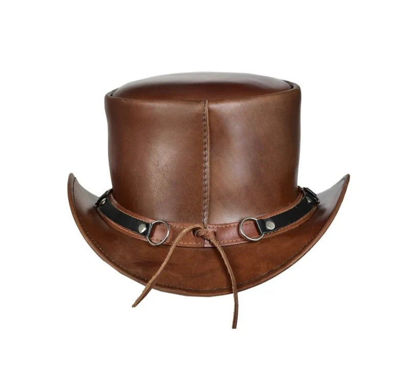 Handmade Top Hat Steampunk Brown Leather Top Hat Chain Style Dickens Hat Biker Rider Gothic Style Top Hat