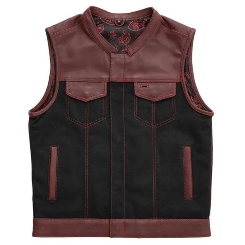 Leather Vest Hunt Club Style Red Leather Denim Vest Builder Motorcycle Biker Vest Black Paisley Stinger Men Leather Vest