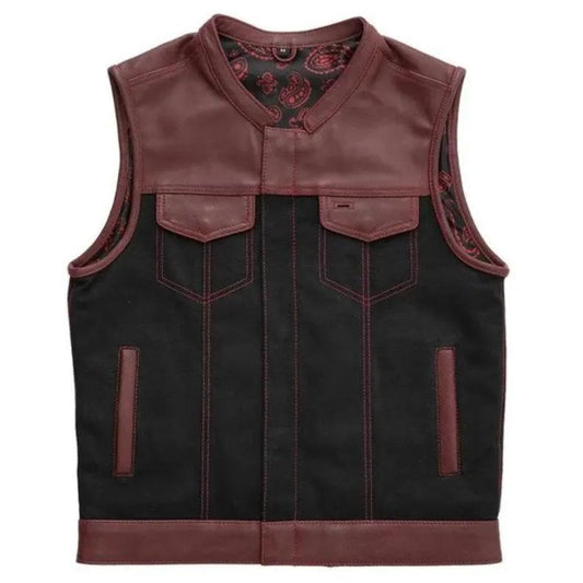 Leather Vest Hunt Club Style Red Leather Denim Vest Builder Motorcycle Biker Vest Black Paisley Stinger Men Leather Vest