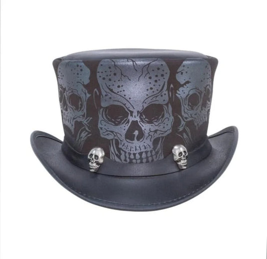 Handmade Top Hat Biker Motorcycle Rider Black Leather Hat Silver Skulls Steampunk Hat Gothic Hat Vintage Style Halloween