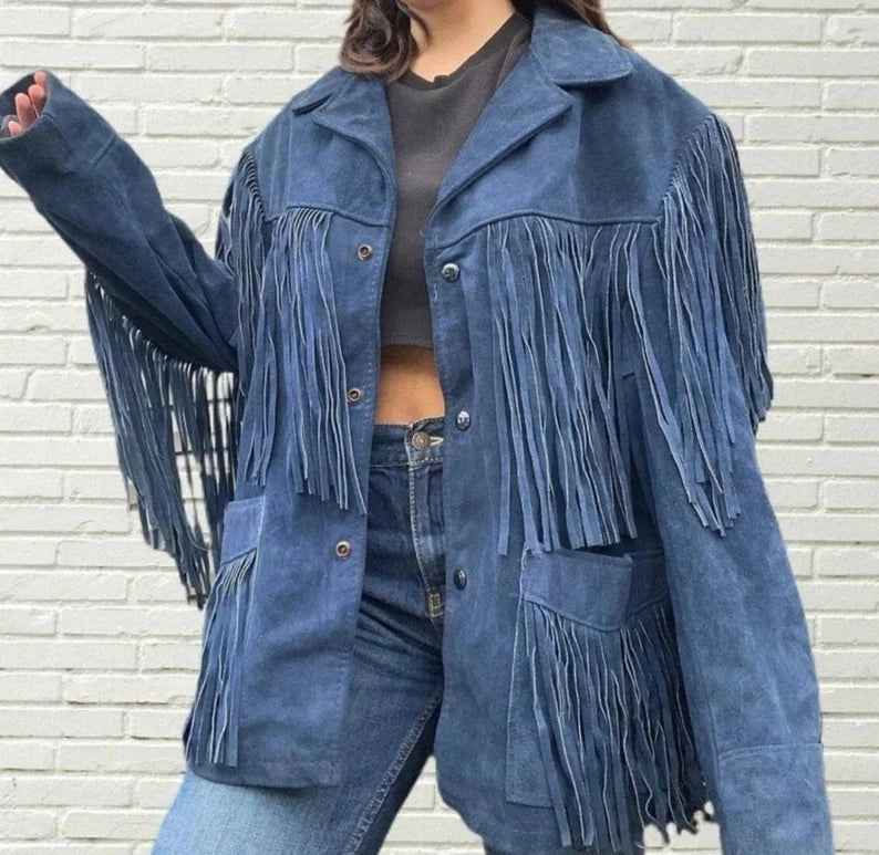 Fringe Suede Women's Jacket, Fringe Western Vintage Jacket Ladies Leather Jacket, Genuine Suede Leather