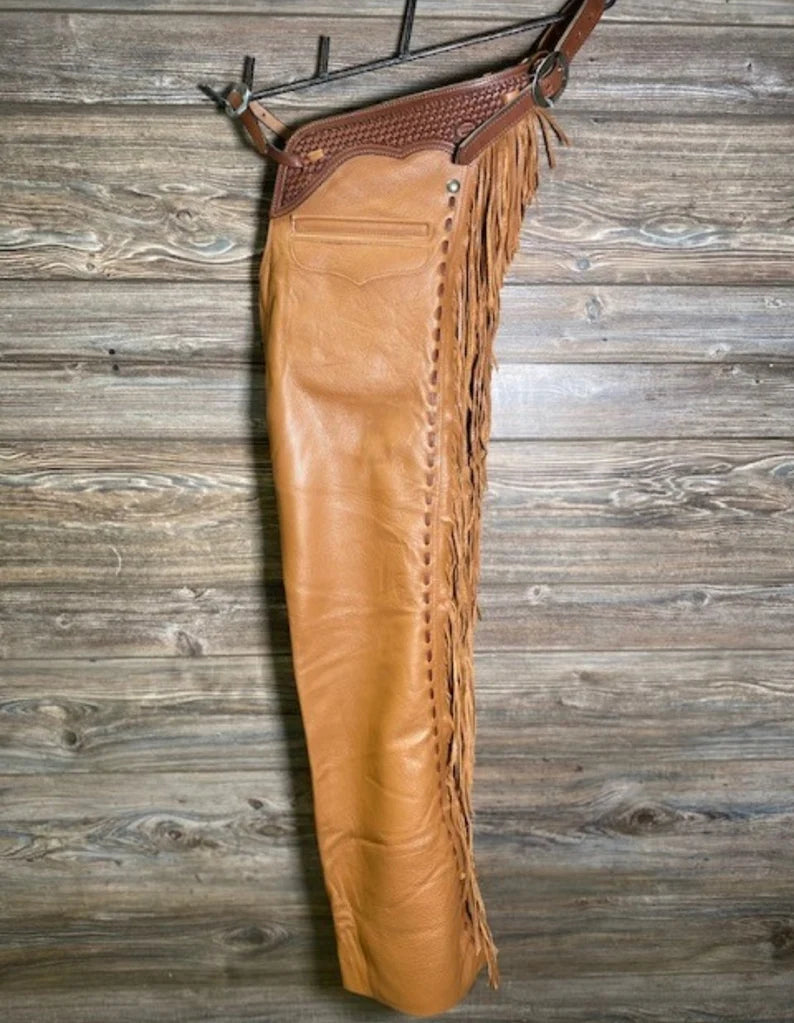 Native American Leather Cowboy Fringes Style Pant Chap Handmade Western Cowboy Chap Rodeo Chap Brown Wild West Fashion Chap