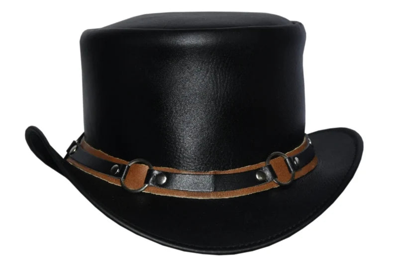 Handmade Top Hat Steampunk Brown Leather Top Hat Chain Style Dickens Hat Biker Rider Gothic Style Top Hat