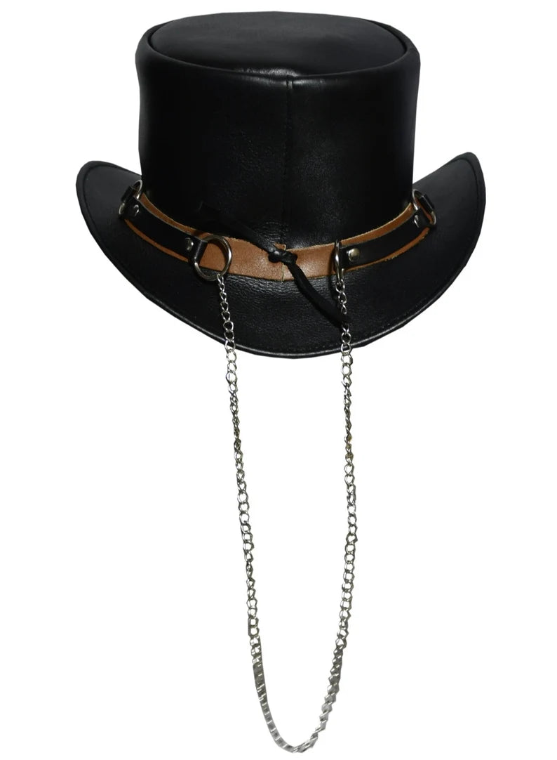 Handmade Top Hat Steampunk Brown Leather Top Hat Chain Style Dickens Hat Biker Rider Gothic Style Top Hat