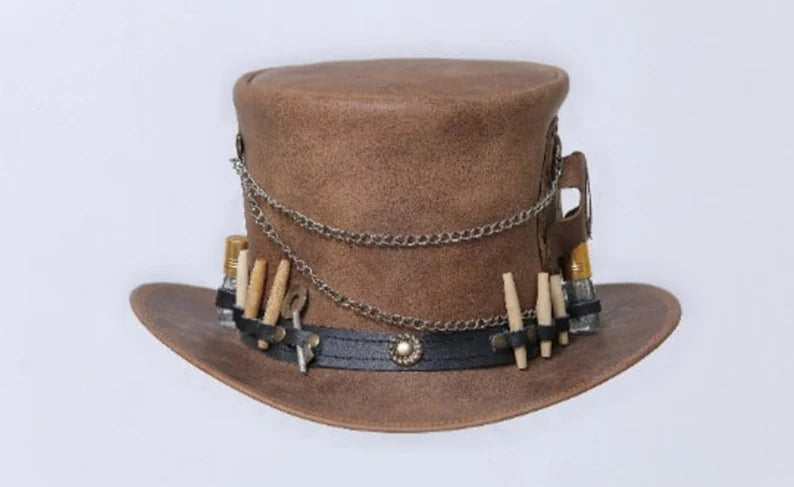 New Handmade - TOP HAT - Time Traveller Leather Steampunk brown leather Top hat Old look Vintage Style hat Gothic Hat