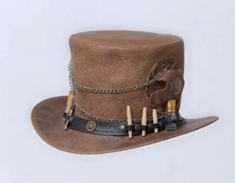 New Handmade - TOP HAT - Time Traveller Leather Steampunk brown leather Top hat Old look Vintage Style hat Gothic Hat