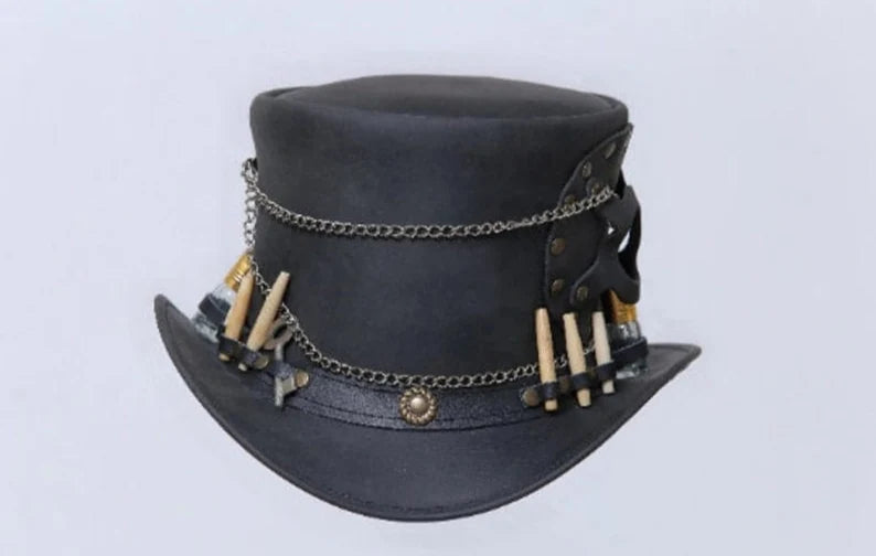 TOP HAT - Time Traveller Leather Steampunk Black leather Top hat Old look Vintage Style hat Gothic Hat