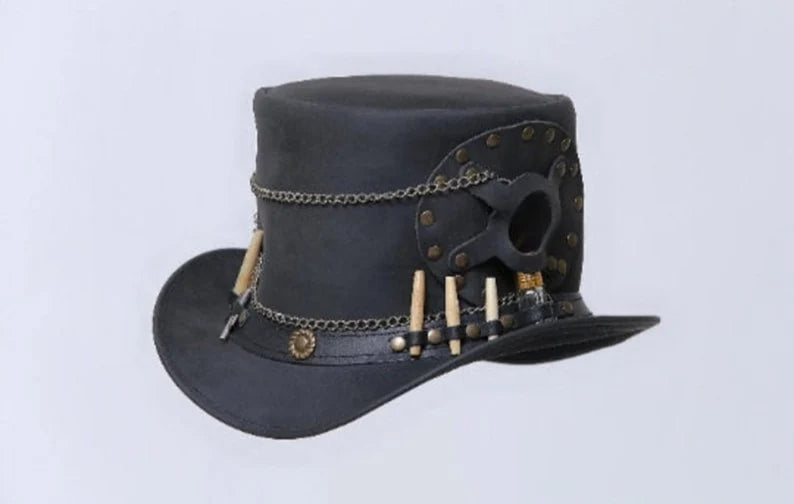 TOP HAT - Time Traveller Leather Steampunk Black leather Top hat Old look Vintage Style hat Gothic Hat