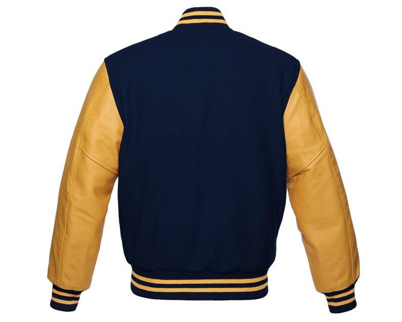 Men's Varsity Jacket Letterman Baseball Bomber Style Navy Blue Wool Blend & Gold Genuine Cowhide Leather Sleeves