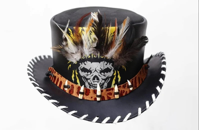 Top Hat Red Indian Native Western Cultural Chief Father Teeth Band Leather Top Hat Steampunk Hat Gothic Hat Unique Halloween Hat