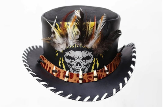 Top Hat Red Indian Native Western Cultural Chief Father Teeth Band Leather Top Hat Steampunk Hat Gothic Hat Unique Halloween Hat