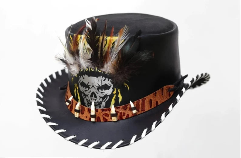 Top Hat Red Indian Native Western Cultural Chief Father Teeth Band Leather Top Hat Steampunk Hat Gothic Hat Unique Halloween Hat