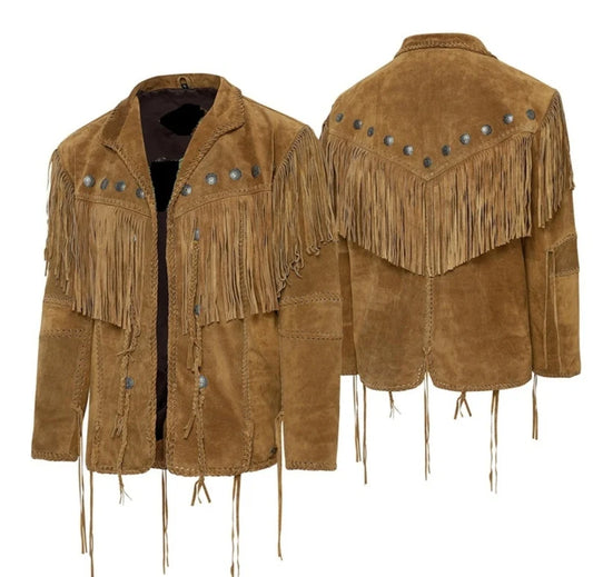 Men Traditional Handmade Horse Riding Wear Native American Western Cowboy Leather Jacket Coat With Fringes and Beads