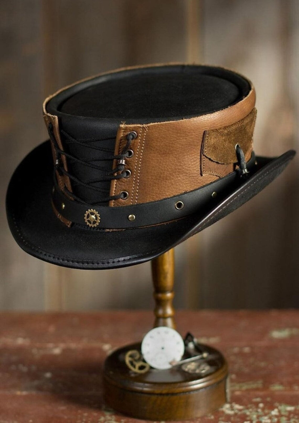 Handcrafted Black & Brown Leather Top Hat Steampunk Top Hat Corset Style / Gothic Style Halloween Top Hat