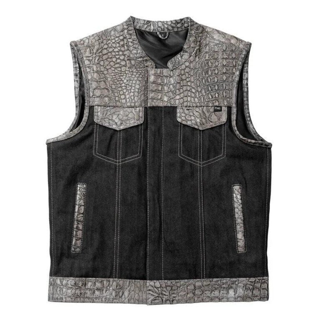 Leather Vest ,Crocodile Plated Leather Grey Wax Motorcycle Men's Vest Denim Vest Black Vest