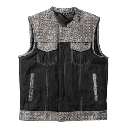 Leather Vest ,Crocodile Plated Leather Grey Wax Motorcycle Men's Vest Denim Vest Black Vest