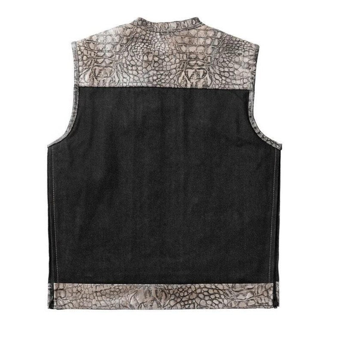 Leather Vest ,Crocodile Plated Leather Grey Wax Motorcycle Men's Vest Denim Vest Black Vest