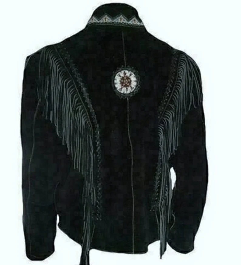 Black Suede Handmade Braided Beads Crafted Men's Western Jacket - Black Leather Men Jacket Cowboy Leather Jacket