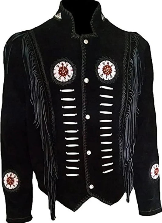 Black Suede Handmade Braided Beads Crafted Men's Western Jacket - Black Leather Men Jacket Cowboy Leather Jacket