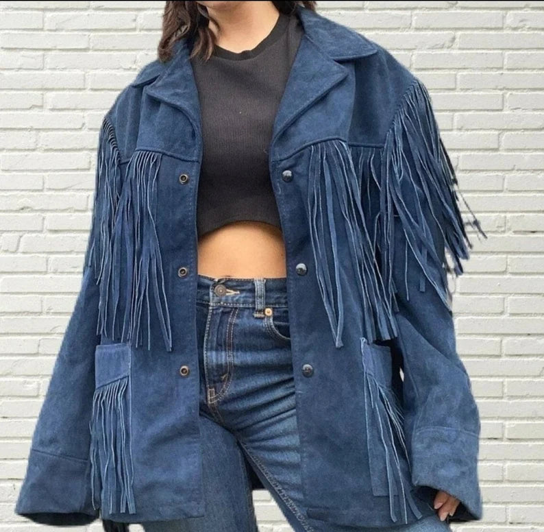 Fringe Suede Women's Jacket, Fringe Western Vintage Jacket Ladies Leather Jacket, Genuine Suede Leather