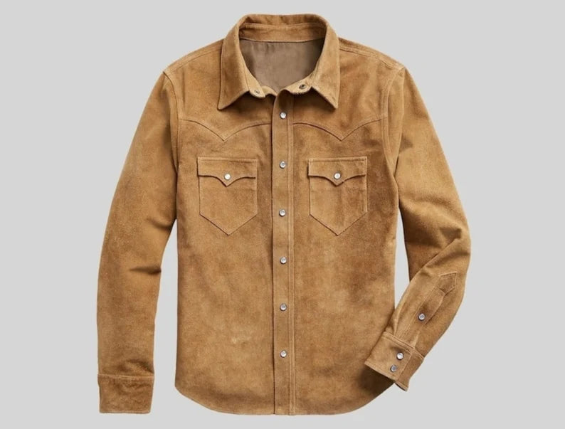 Men Suede Trucker Jacket Vintage Apparel Real Suede Leather Scully Western Shirt Tan Trucker Cowboy Shirt