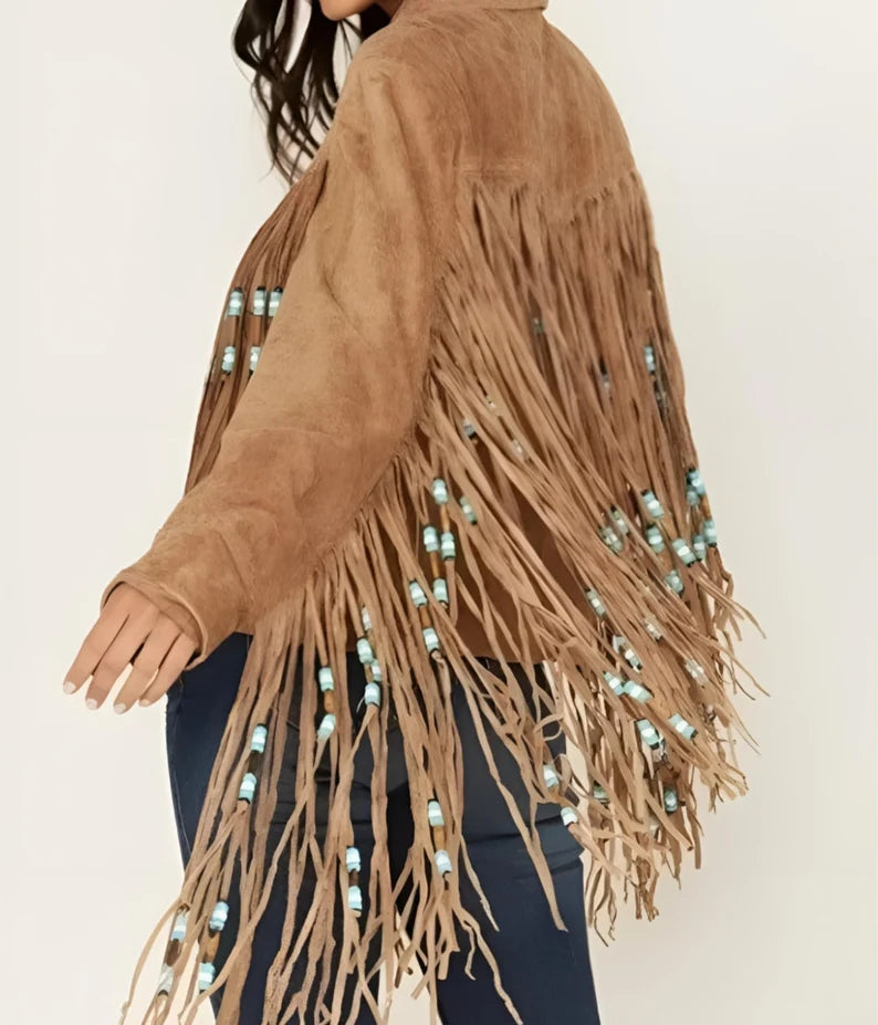 Fringe Suede Women's Jacket , Beaded Fringes Western Vintage Jacket Ladies Leather Jacket, Genuine Suede Leather