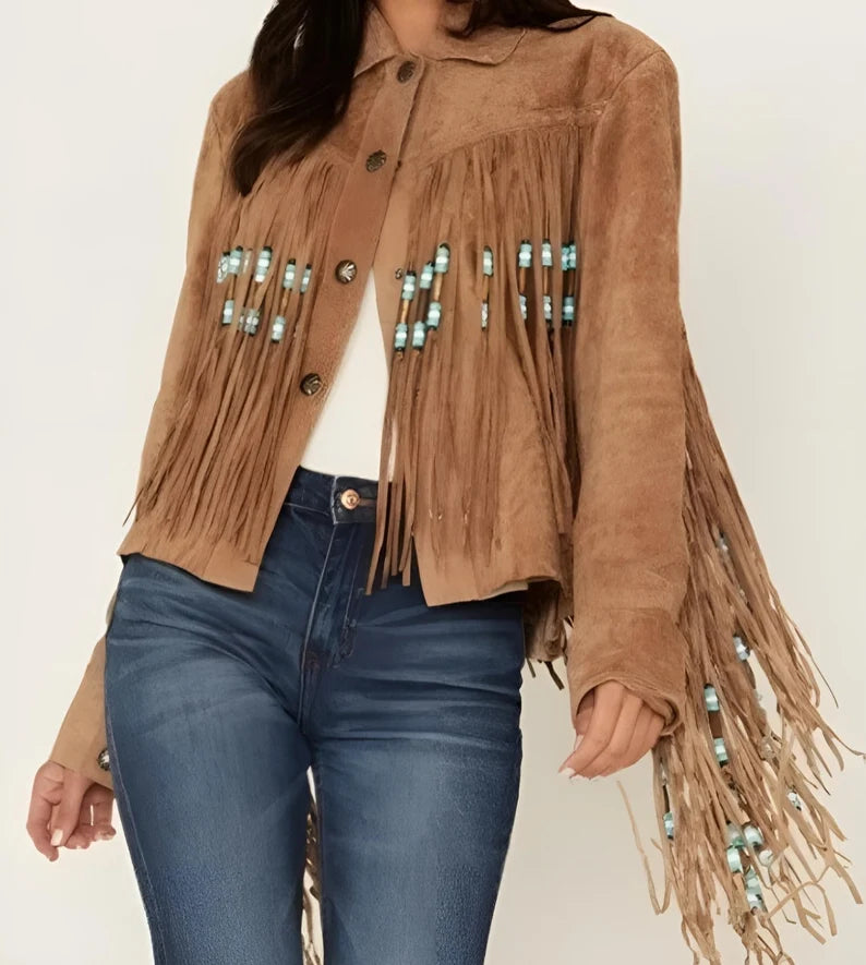 Fringe Suede Women's Jacket , Beaded Fringes Western Vintage Jacket Ladies Leather Jacket, Genuine Suede Leather