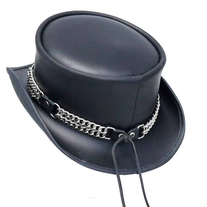 Black Leather Top Hat Handcrafted Curb Chain Band Gothic Hat / Steampunk Top Hat - Rider Top Hat