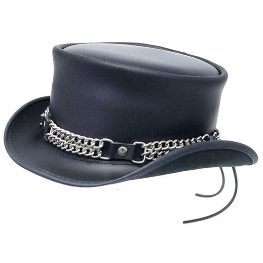 Black Leather Top Hat Handcrafted Curb Chain Band Gothic Hat / Steampunk Top Hat - Rider Top Hat