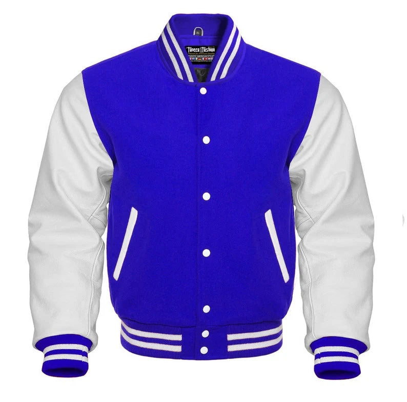 Varsity Jacket Letterman Baseball Bomber Style Red Wool Blend & White Genuine Cow Leather Sleeves