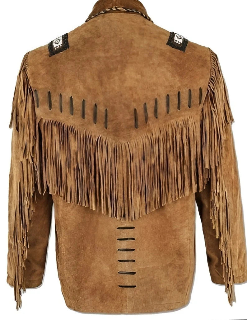 Men's Traditional Western Cowboy Leather Jacket Coat With Fringes And Beads - Brown Leather Jacket Vintage Apparel - Hunter Leather Jacket