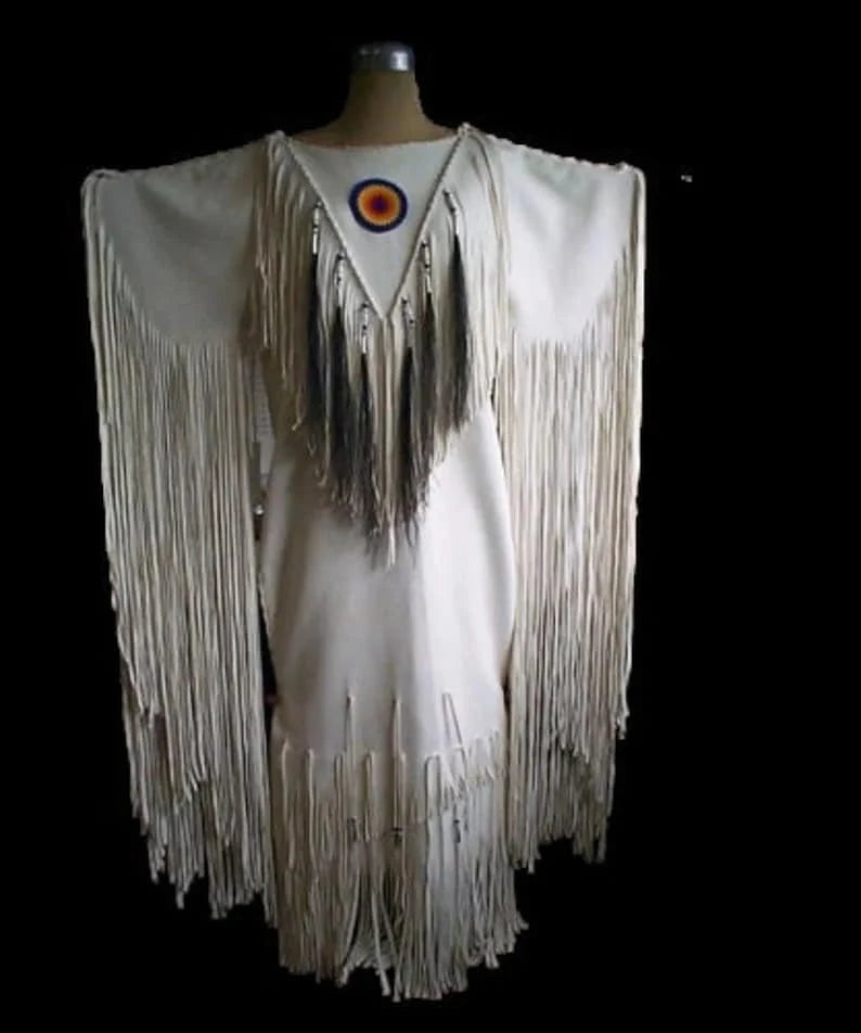 Womens White Leather Handmade Long Fringes Beaded Wedding Dress Powwow Regaliav