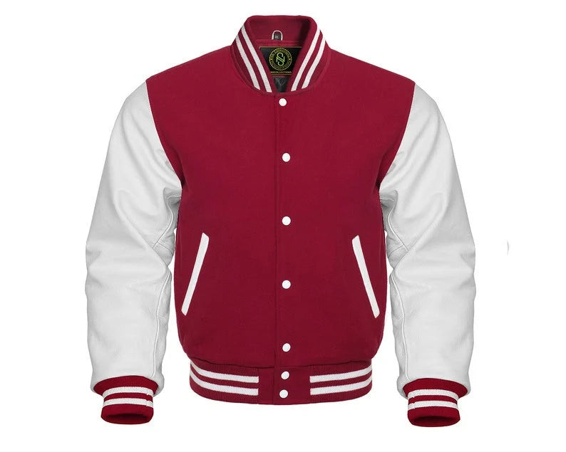 Varsity Jacket Letterman Baseball Bomber Style Red Wool Blend & White Genuine Cow Leather Sleeves