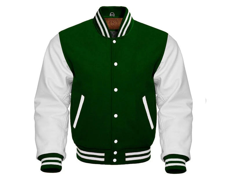 Varsity Jacket Letterman Baseball Bomber Style Red Wool Blend & White Genuine Cow Leather Sleeves