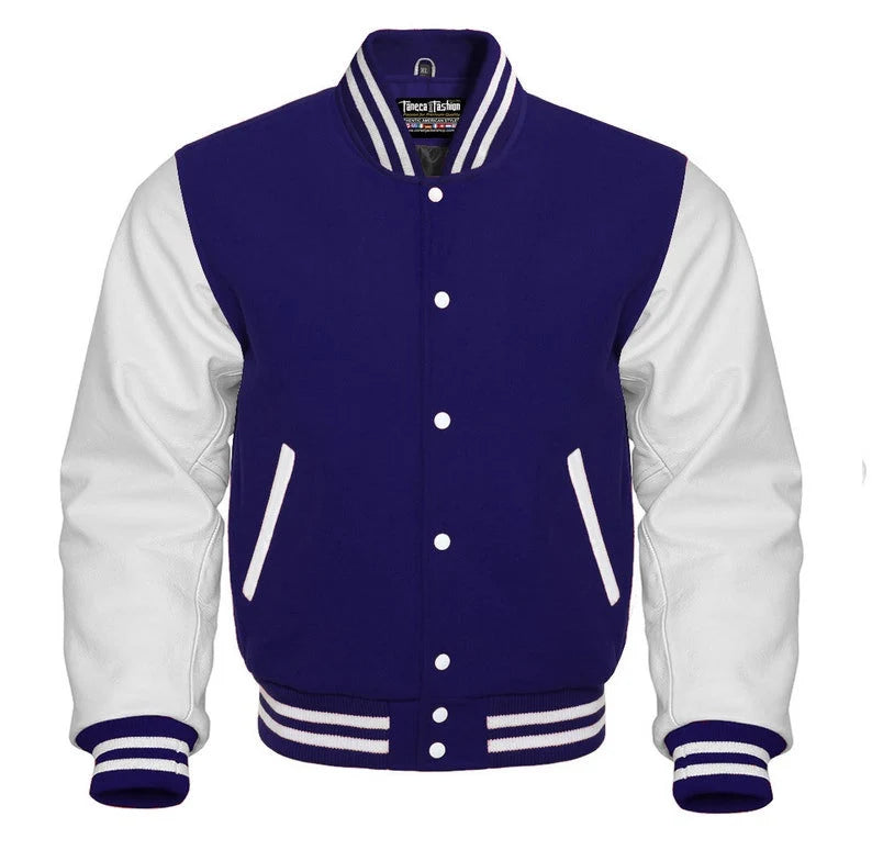 Varsity Jacket Letterman Baseball Bomber Style Red Wool Blend & White Genuine Cow Leather Sleeves